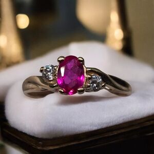 10K Yellow Gold Oval Cut Pink Ruby Gemstone With Crystal Accent Ring